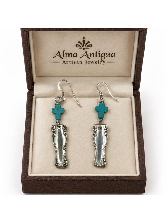 Artisan Crafted Jewelry - Vintage Rogers Spoon & Turquoise Cross Earrings